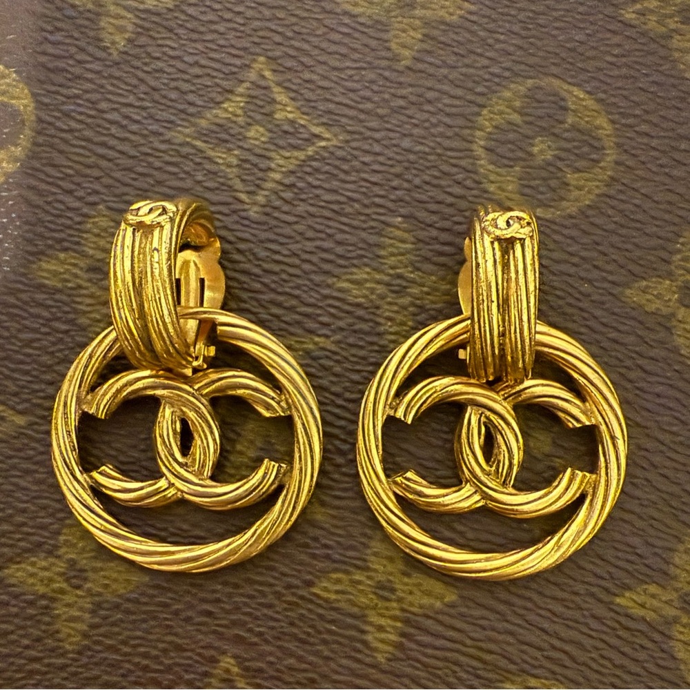 Authentic Coco Chanel Gold Designer Logo Earrings